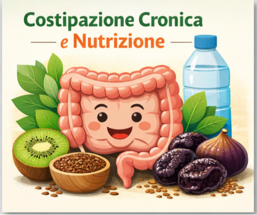 Illustrazione di intestino stilizzato associato ad alimenti ricchi di fibre e alimenti funzionali come kiwi, prugne e semi di lino.