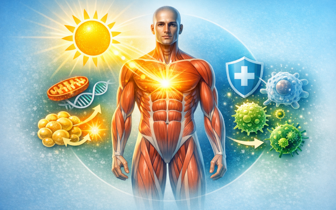 Illustrazione del corpo umano che evidenzia muscoli, sistema immunitario e metabolismo come bersagli della vitamina D