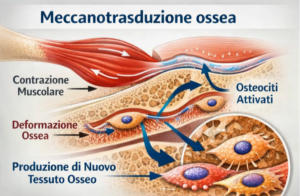 Illustrazione anatomica che mostra come la contrazione muscolare stimola gli osteociti e la formazione ossea.