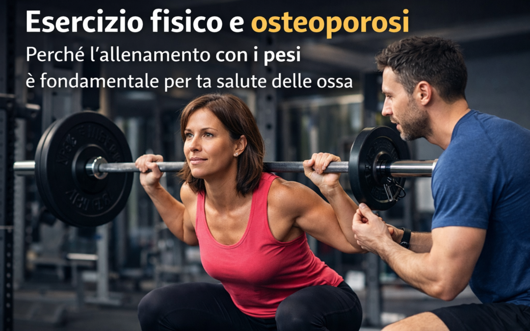 Donna adulta che esegue uno squat con bilanciere sotto la supervisione di un personal trainer, esempio di allenamento con i pesi per la prevenzione dell’osteoporosi e il miglioramento della salute ossea.
